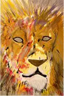 An abstract painting of a lion's head.